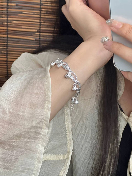 Sterling Silver 999 Lily of the Valley Bangle – Butterfly & Dragonfly Open Cuff Bracelet for Women