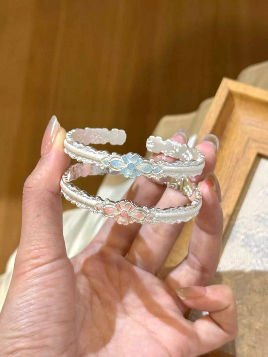“Frosted Grace” Sterling Silver 999.9 Enamel Bangle – New Chinese Style Elegant Bracelet for Women